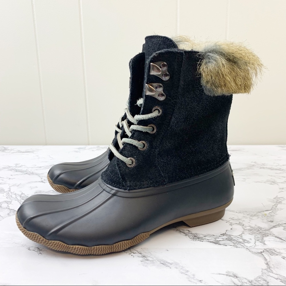 Sperry Top Sider Black Faux Fur White Water Boots